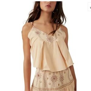 FREE PEOPLE Crystal Cove Linen Embroidered Top Shirt Tie Back Women size XS NWT